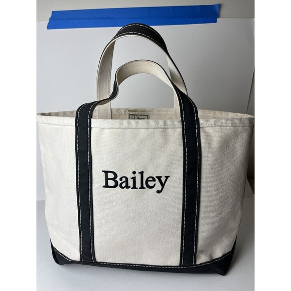 L.L. Bean Boat and Tote Canvas Medium Open Top Tote Bag White and Black Bailey - Picture 1 of 14